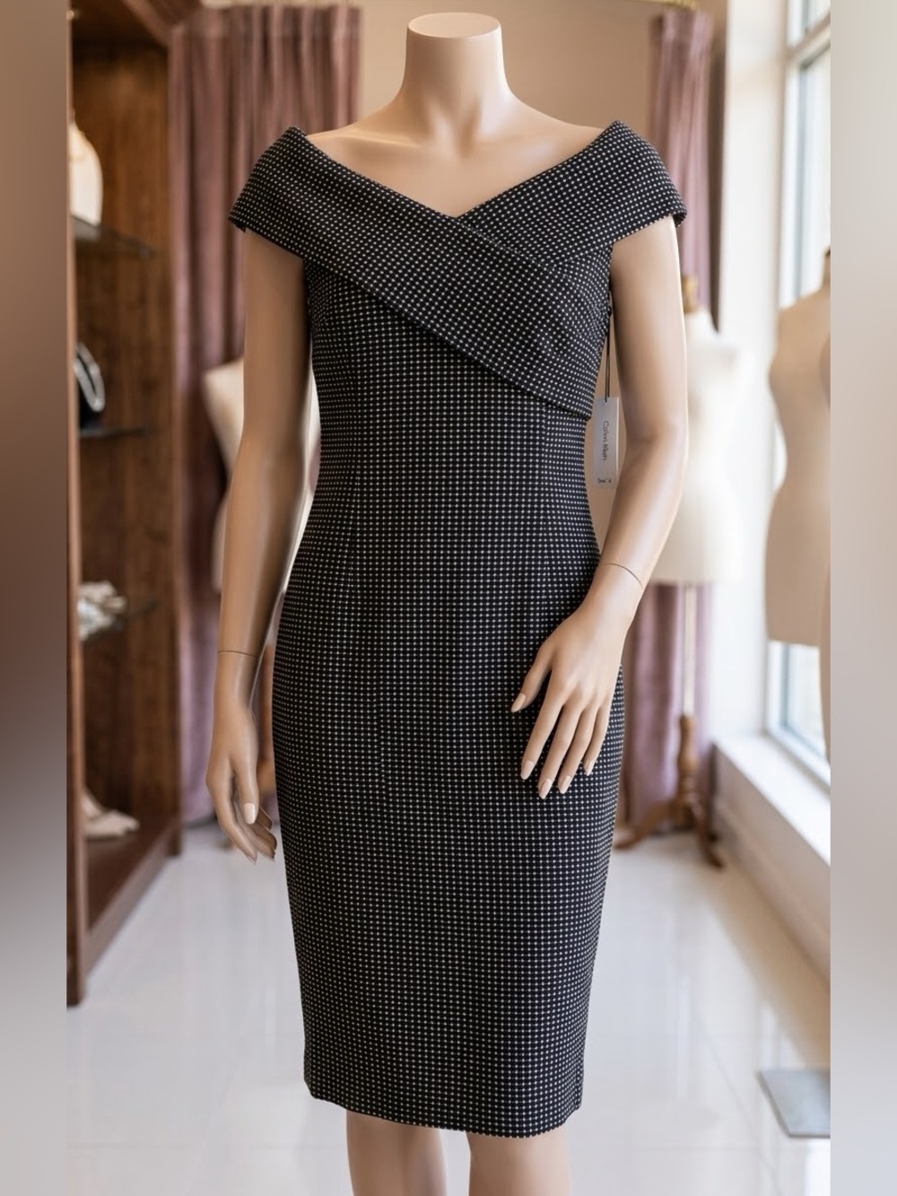 Calvin Klein Off-the-Shoulder Sheath Dress Black White Patterned Size 14